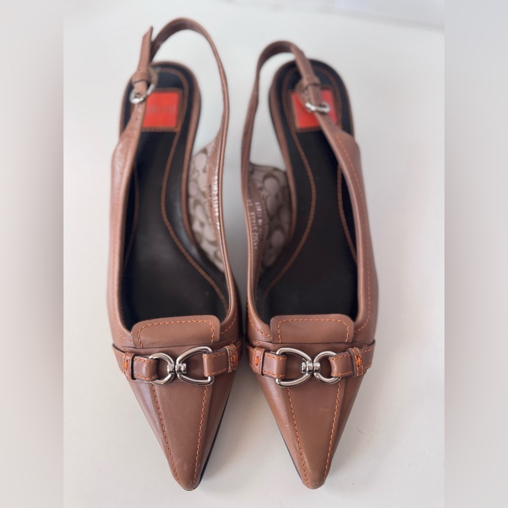 Vintage Coach Starr Tan Leather Buckle Slingback Kitten Heels Size 6 - Picture 3 of 12